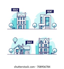 Set of urban and suburban houses. Real estate concept. Vector illustration.