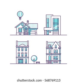 Set of urban and suburban houses. Vector illustration.