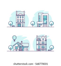 Set of urban and suburban houses. Vector illustration.