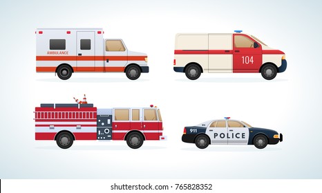 Set of urban transport. City cars, vehicles transport: fire service, ambulance machine, rescue service, police. Side view. City car rescue service. Vector illustration isolated.