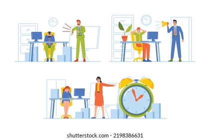 Set Urgent Work, Deadline Approaching Concept. Angry Boss Yell in Loudspeaker and Showing Time with Business Characters in Office Workplace. Anxious People with Documents. Cartoon Vector Illustration