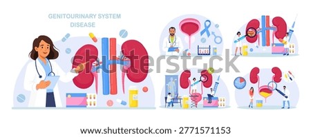 Set of Urinary Tract Infections. Kidneys and Bladder Disease Treatment. UTI Medical Concept. Nephrology, Urology. Doctor Diagnoses Pyelonephritis, Kidney Stones, Renal Failure, Cystitis