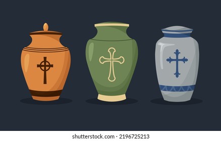 Set of urn for ashes. Cremation and funeral urn with dust. Burial and dead people. Vector illustration isolated on dark background.