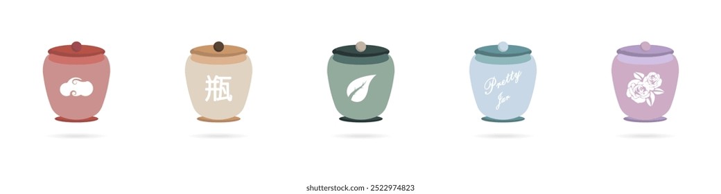 Set of urns vector icons. Urns with different signs on them. Japanese symbols on vases. Chinese vases. Jar for storage. Japanese style jars vector.