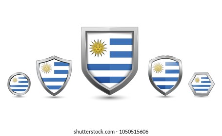 Set uruguay flag badges with shape silver shield, circle and hexagon 