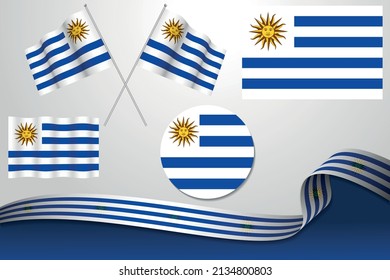Set Of Uruguay Flags In Different Designs, Icon, Flaying Flags With ribbon With Background.