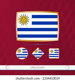 Set of Uruguay flags with gold frame for use at sporting events on a burgundy abstract background. Vector collection of flags.