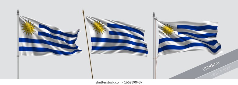 Set of Uruguay waving flag on isolated background vector illustration. 3 Uruguayan wavy realistic flag as a symbol of patriotism