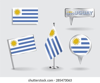 Set of Uruguayan pin, icon and map pointer flags. Vector illustration.