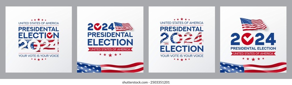 Set of US 2024 presidential election banners. USA presidential election 2024 banners with waving american flags, vote symbol. Vote day, November 5. Vector illustration for US Election 2024 campaign.