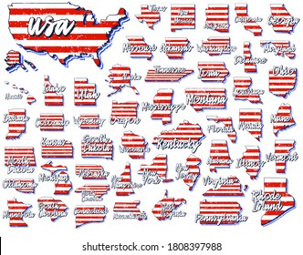 Set of US 50 states map with American flag color. Vector grunge style with Typography hand drawn lettering on map shaped old grunge vintage American national flag isolated on white background