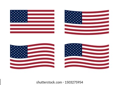 Set of US American flags with true colors. Straight, dispelling and curved variations. Flat vector illustration.