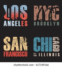 Set of us cities t-shirt designs. Tee shirt print typography label badge emblem. Vector illustration.