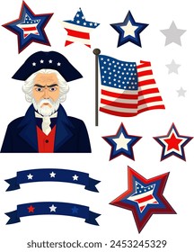 Set of US culture. Character military leader, American flag, stars. United Stated independence day elements. Vector hand drawn design
