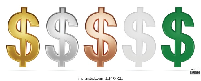 Conjunto de símbolos de moneda en dólares estadounidenses aislados en fondo blanco. Señal de oro, cobre, plata, verde y blanco. Muestra el signo de la moneda del dinero. Ilustración vectorial 3D.
