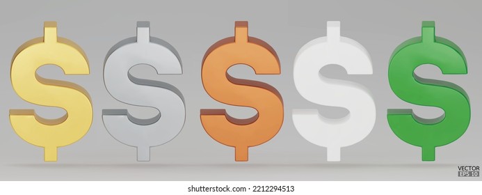 Set of US dollar currency symbol isolated on white background. Gold, copper, silver, green, and white dollar sign. Money currency sign. 3D vector Illustration.