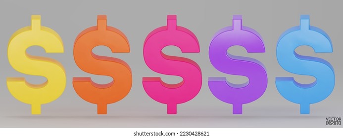 Set of US dollar currency symbol isolated on white background. Yellow, orange, pink, purple, and blue dollar sign. 3D signs money currency sign. 3D vector Illustration.