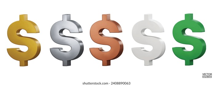 Set of US dollar currency symbol isolated on white background. Gold, copper, silver, green, and white dollar sign. Money currency sign. 3D vector Illustration.