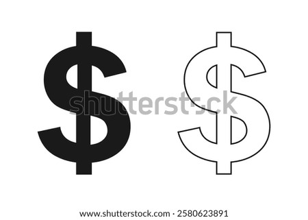 Set of US dollar currency symbol isolated on white background. Gold, copper, silver, green, and white dollar sign. Money currency sign