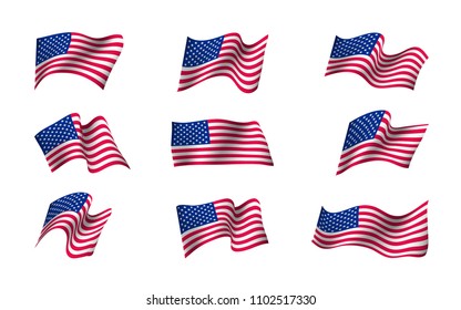 Set of US flags waving in the wind. Flag Day of United States of America background design. Creative concept for banners, posters and print. Vector illustration