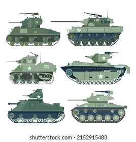 Set Of US Heavy Military Equipment Ww2. Collection Of Tanks And SAU. Vector Stock Images.