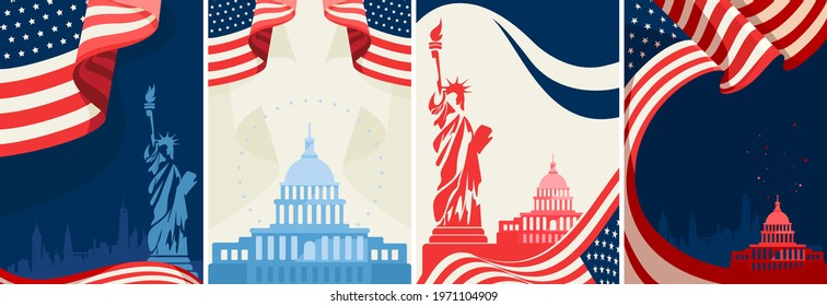 Set of US public holiday posters. Flyer templates in flat design.