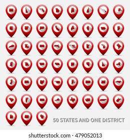 Set of US states maps. United States of America 50 states and 1 federal district. Pointer icon. 