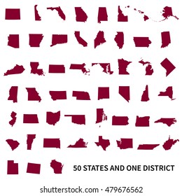 Set of US states maps. United States of America 50 states and 1 federal district. 