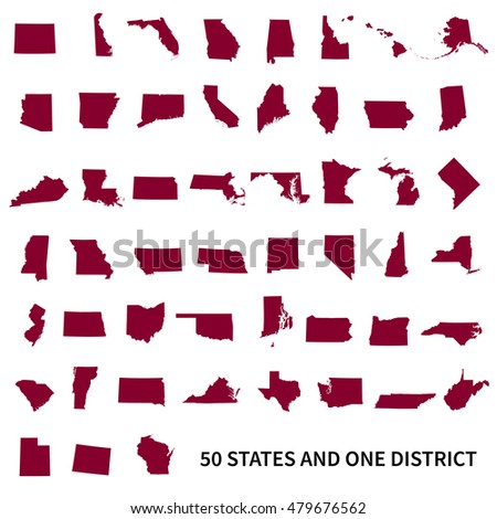 Set of US states maps. United States of America 50 states and 1 federal district. 