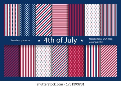 Set USA background with elements of the American flag. Abstract seamless pattern design for Independence day fourth of july. 