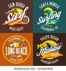 Set of USA beach advertising signs for san diego and malibu, santa monica and long beach. Signs for t-shirt prints with palms and surfer boards, waves. Clothing and branding theme