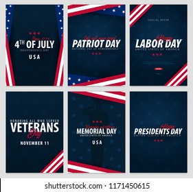 Set of USA celebrations. Public Holidays. 4th July, Patriot and Labor day, Veteran's day, Memorial and Presidents day