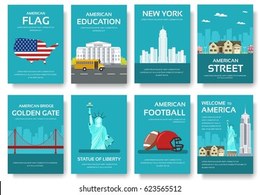 Set of USA country ornament travel tour concept. American traditional, magazine, book, poster, abstract, element. Vector decorative ethnic greeting card or invitation design background
