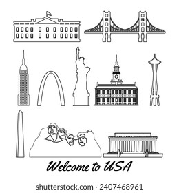 set of usa famous landmarks by silhouette outline style,vector illustration