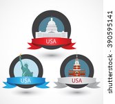 Set of USA famous monuments. Capitol, Washington DCl, Independence Hall in Philadelphia and Statue of Liberty. Flat Vector illustration can be used in web design and travel concepts. Volume 1. 
