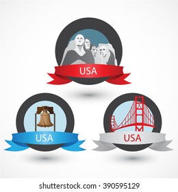 Set of USA famous monuments.  Rushmore, Golden Gate bridge, San Francisco and Liberty bell in Philadelphia. Flat Vector illustration can be used in web design and travel concepts. Volume 2. 