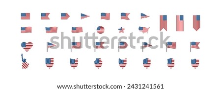 Set of USA flag. 32 icon national symbol of the United States of America. Vector illustration