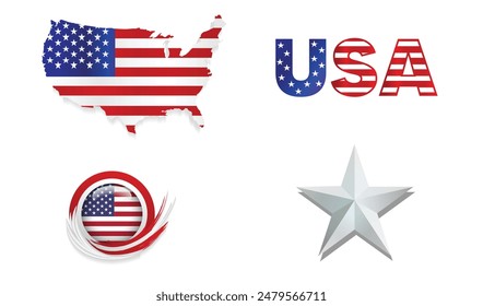 Set of USA flag map typography flag button 3D star vector on white isolated