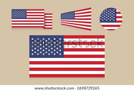 Set of USA Flag Vector Designs. Perfect for Independence Day graphics, patriotic themes, web design, posters, and national celebration projects.
