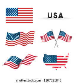 Set of USA Flag Vector illustration. Flags waving with America map isolated on white background.