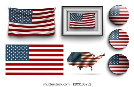 set of usa flags collection isolated on white