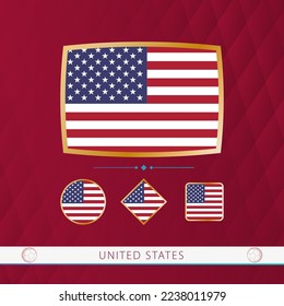 Set of USA flags with gold frame for use at sporting events on a burgundy abstract background. Vector collection of flags.