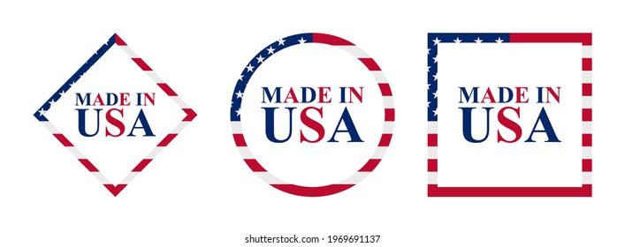 eine Reihe von Flaggen. hergestellt in usa. Logo, Drucke, Symbol, Siegel. einzeln auf weißem Hintergrund
