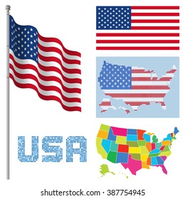 Set of USA flags and maps vector illustration.