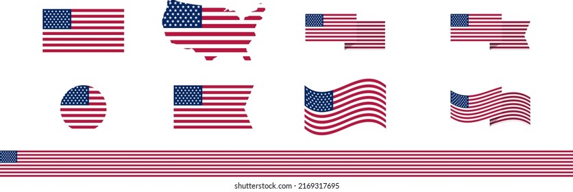Set of USA flags, ribbons, symbols. Vector illustration