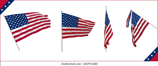 Set of USA flags waving in solemn or diplomacy view. Vector illustration