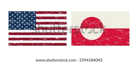 Set of USA and Greenland flags with grunge effect, Greenlandic flag, american flag. Vector illustration, EPS 10