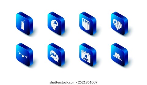 Set USA Head, Shield with stars, Independence day, Man hat ribbon, Calendar date July 4, label, Carnival garland flags and Dynamite bomb icon. Vector