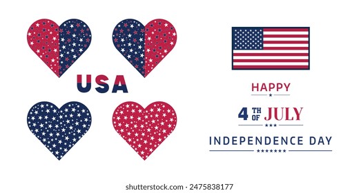 Set Of USA Heart or Flags Happy 4th of July Independence Day. USA Flag Day Celebration Social Media Post Design Or Template. Heart, Star, Victor illustration Flat white Background. 