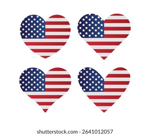 Set of USA Heart Shape Flag, American Flag in heart vector Shape, 4th July USA Independence Day image